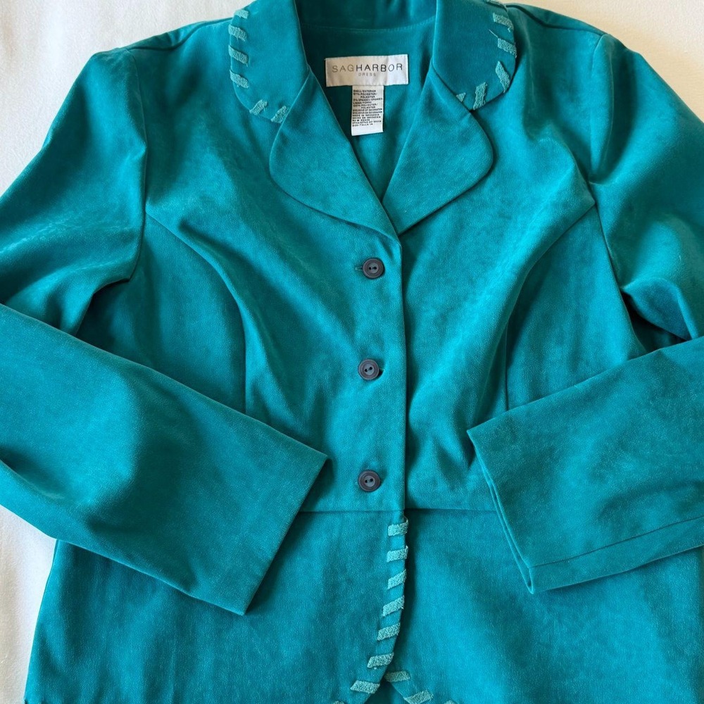 Sag Harbor Faux Suede Teal Ribbon Trim Tailored Jacket Womens Size 14 20-55316
